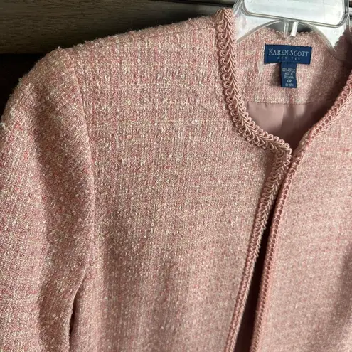 Karen Scott Open Front Tweed Jacket Braid Trim Pockets Lined Size 10P