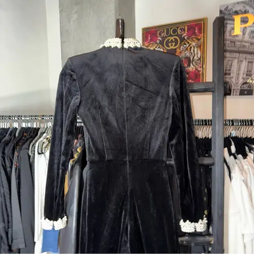 Nadine Merabi Meghan Black Velvet Pearl Trim High Neck Flare Jumpsuit Size XS