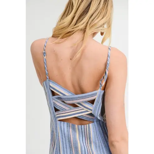 Doe & Rae Blue Striped Button Down Dress Cross Lace Back Medium