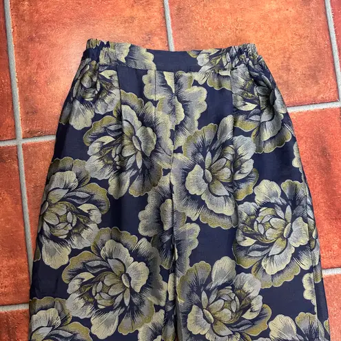 Atelier Camille Paris Navy Gold Stretchy Brocade Pants Size Blue