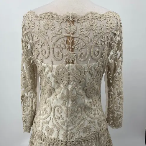 Tadashi Shoji  Tiered Lace Gown Scalloped Embroidered Dress Beige Ivory Womens 10