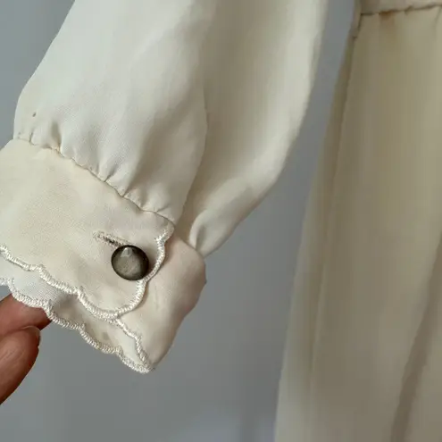 VTG Cream Sheer sz M Floral Embroidered Collared Button Midi Feminine Soft Girl Size M