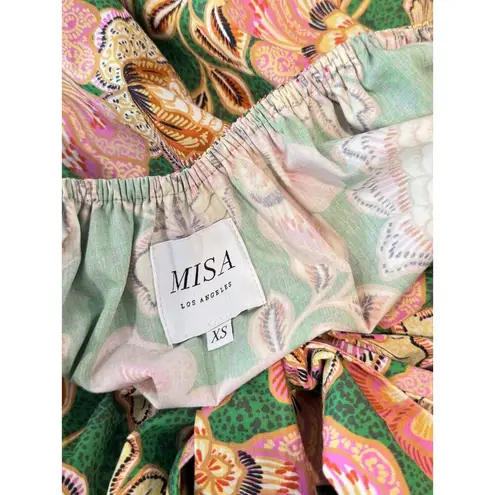 Misa Dress Green Kate Mini Ruched Puffed Floral Pintuck Tie Back A Line Boho XS