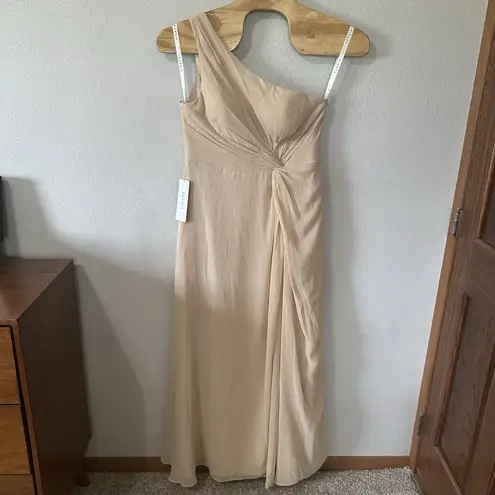 Azazie NEW Brooke Bridesmaids Dress Champaign Sz A14 One Shoulder Aline Chiffon