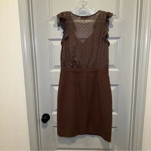 Loft  Brown Swiss Dot Ruffle V Neck Aline Dress size 6