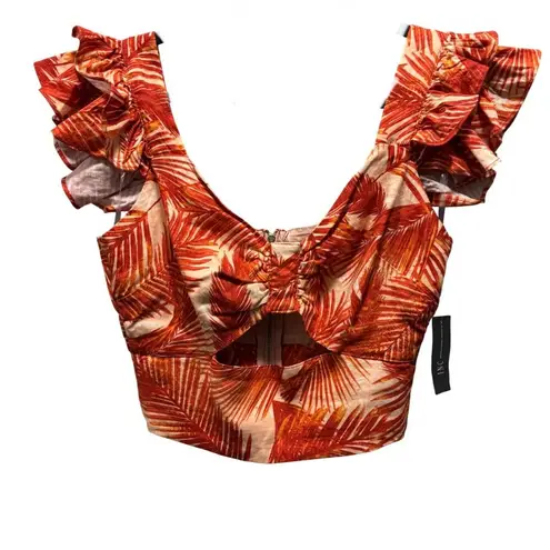 INC Womens Summer Palm Print Ruffled Crop Top With Back Zipper Size M Red Size M