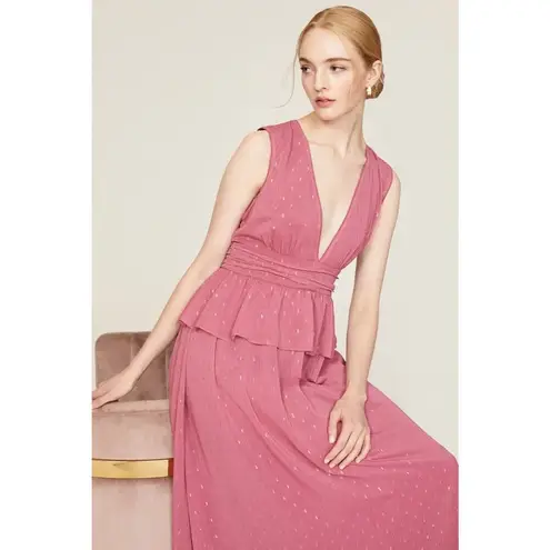 LDT Maxi Gown Women's 4 Pink Rose Peplum Waist Sleeveless Plunging V