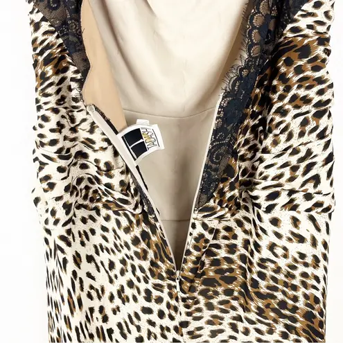 Tadashi 100% Silk Leopard Print Open Back Ruched Waist Lace Detail Dress Size 12