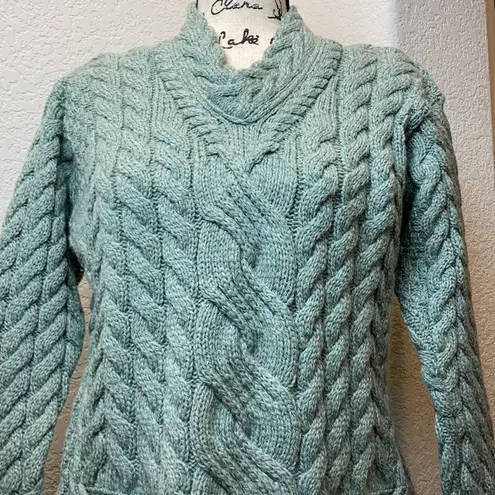 Carraigdonn Mint Green Cable Knit Merino Wool Sweater A55 Size L