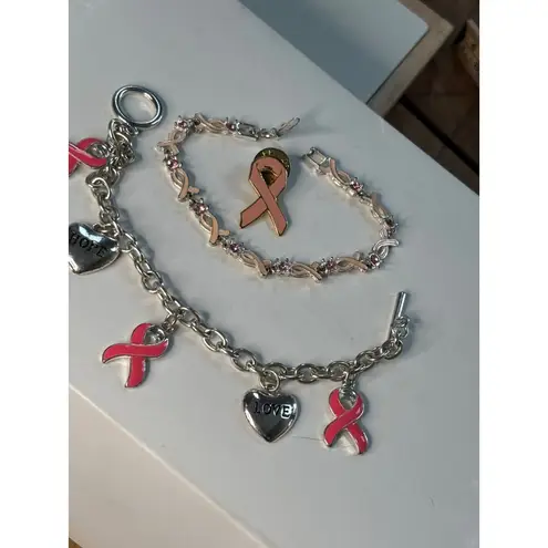 Breast Cancer Awareness Pink Ribbon Jewelry Set W/ Bracelet & Pin Silver & Pink