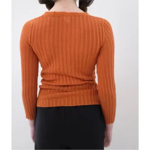 Baserange 100% linen etel long sleeve rib top with neck tie in umber NEW