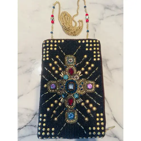 Mary Frances Brown Gold Beaded Cross Phone Bag Handbag Purse Crossbody Clutch