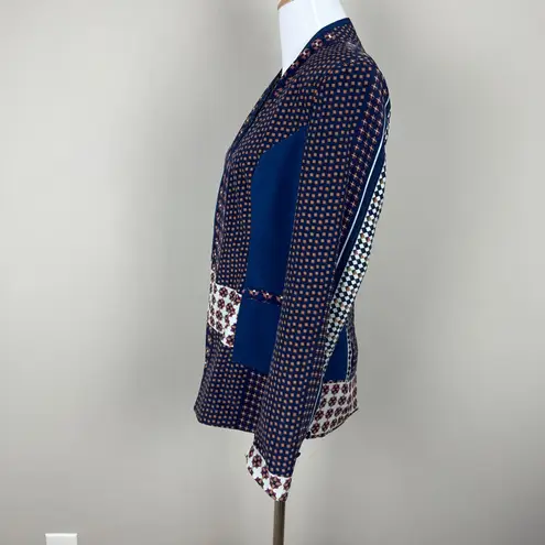 Central Park West Blazer Jacket Womens Small Navy Blue 100% Silk Geometric Open