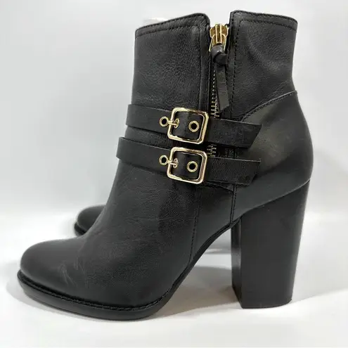 G.I.L.I. Addison Black Leather Ankle Boots Gold Buckle Zipper Block Heel 8M Size 8