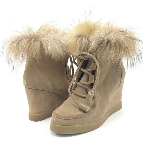 Cecelia New York Holly Wedge Bootie Chestnut Suede Fox Fur Lace Up Boot Size 9 Tan