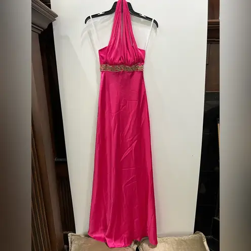 Betsy and Adam hot Pink Embroidered Halter Gown Sz 2