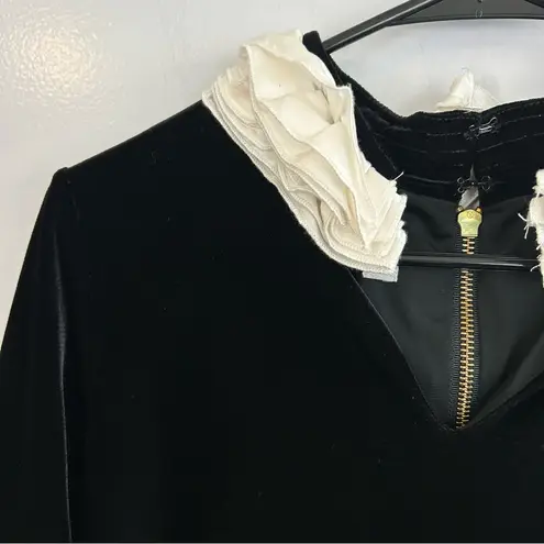 Sara Campbell Black Velvet Shift Dress w/ White Ruffle Collar Size Medium