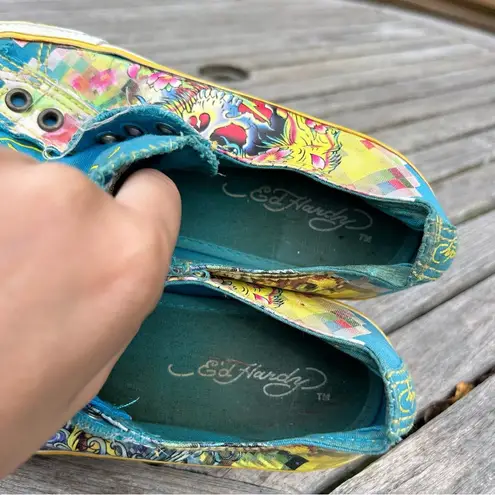 Ed Hardy  slip on sneakers size 5 blue white, Ash tattoo skull Y2K