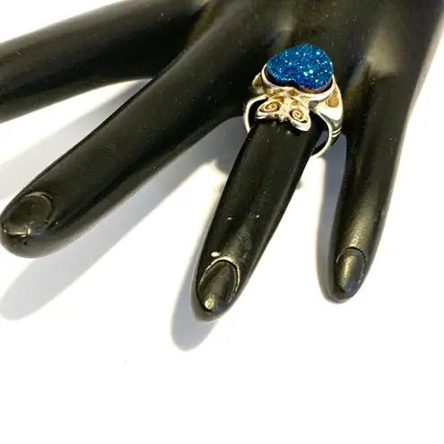 STERLING SILVER BLUE HEART SHAPED DRUZY QUARTZ CLADDAGH RING (5)