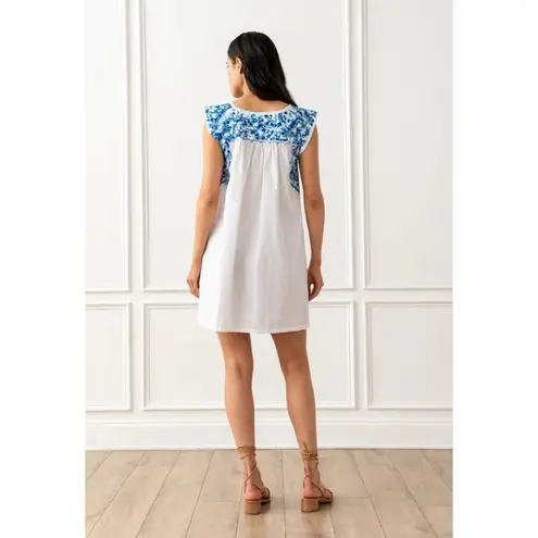 Mi Golondrina Flores Short Dress Cielo Mexicano Size XS White Blue Embroidered