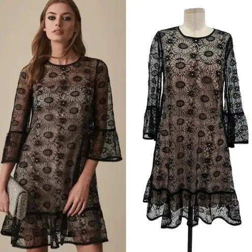 Reiss Jade Lace Dress Black Nude A-Line Bell Sleeve Embroidered Size US 6