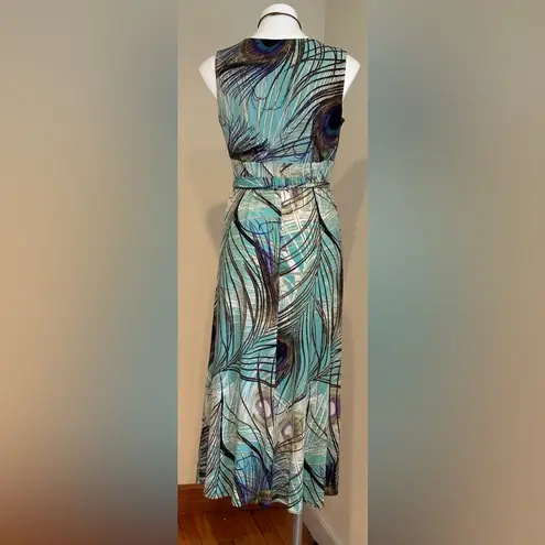 Kasper Beautiful Colors Peacock Feather Maxi V Neck Tie In Front Dress SZ PM