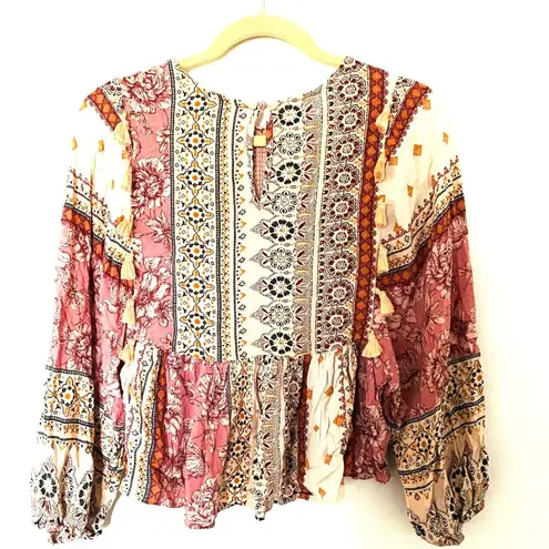 American Eagle Embroidered Balloon Sleeve Tassel Peasant Patchwork Peplum Top XS Pink