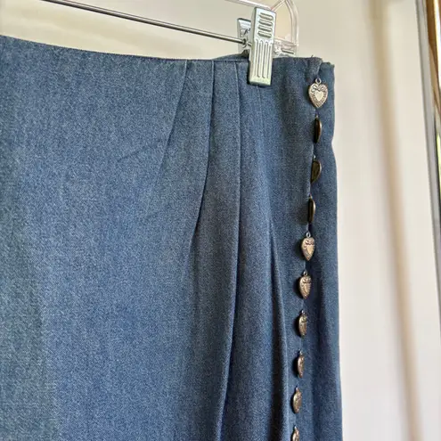 Vintage 90s Denim Mini Wrap Skirt Coastal Cowgirl Silver Heart Charms Size 14 Blue