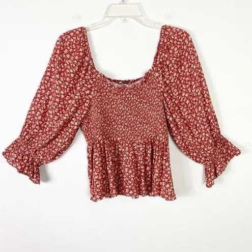 American Eagle Red & Beige Floral Smocked Puff Sleeve Blouse Top Size S