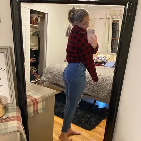 HYFVE Red Plaid Fuzzy Crop Sweater