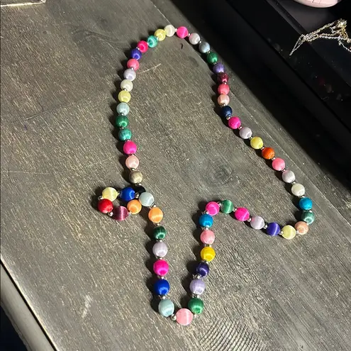 60s Spring Silk Beaded Necklace, Spun Silk Bead Necklace multicolored Pink