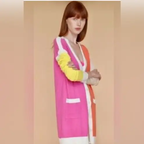 Vilagallo Color Block Long Cashmere Blend Cardigan (Yellow, Pink, Orange) Large Pink