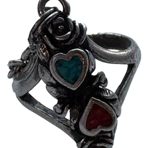 Vintage Native American Southwestern Inlaid Hearts Slave Bracelet/Ring Silver