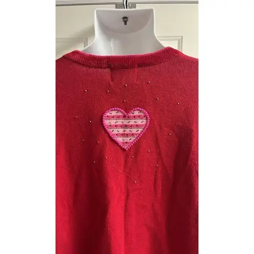 Quacker Factory The Valentine Cardigan Sweater Beaded Hearts Red/Pink Medium