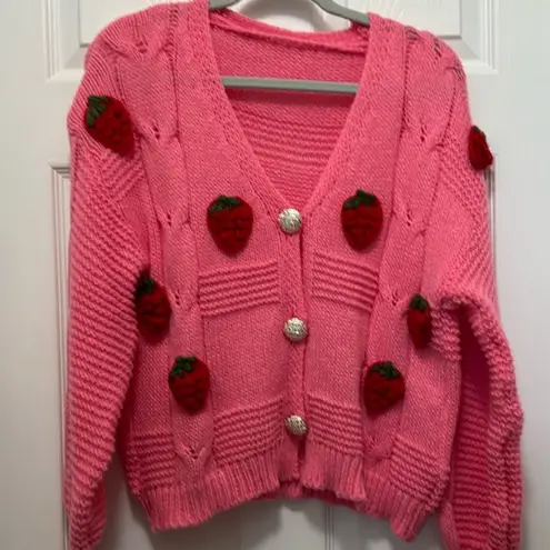 Boutique Pink Strawberry Knit Button-up Cardigan