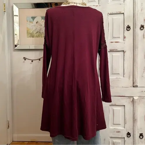 Maroon Lace Sleeve Tunic Dress Long Sleeve Boho Casual Chic Comfy Size Ln Red Size L