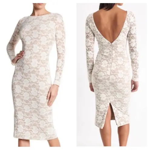 Dress the Population  Cream Backless Lace Body Con Long Sleeve Midi Dress XS