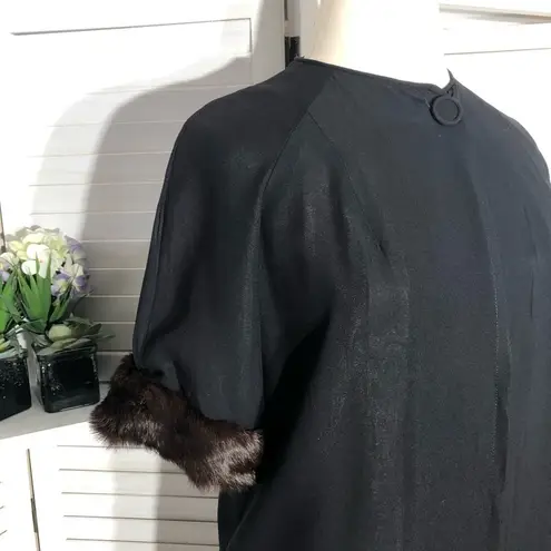Vintage 50s 60s Black Long Coat Fur Cuffs 3/4 Sleeves XL