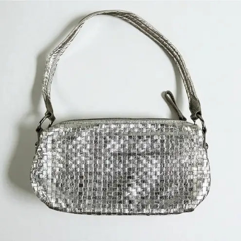 ELLIOT LUCCA Silver Metallic Woven Leather Shoulder Bag Holiday Party Preppy EUC