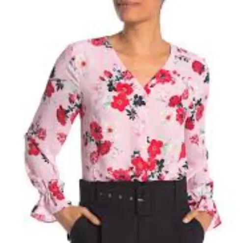 T Tahari Pink Flower Garden Print Button Up Womens Blouse Small Floral Flowy New