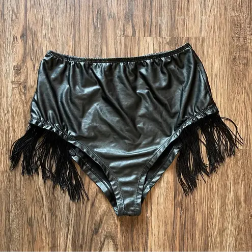 Body Rage Black Faux Leather Fringe Bikini Cut Bottoms Shorts Sz Large