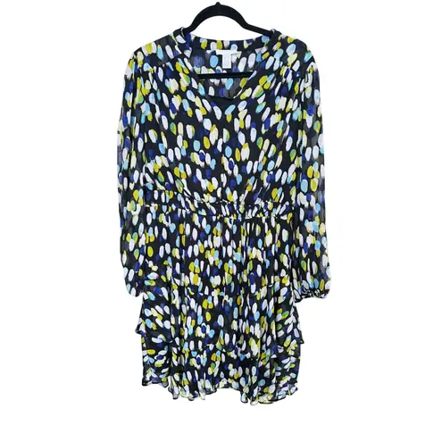 London Times Fit & Flare Long Sleeve Polka Dot Dress Plus 14W Black Blue