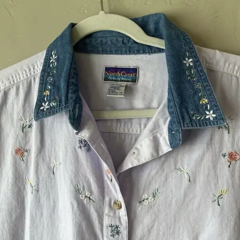 Vtg Button Up top Embroidered Contrast Collar 2x Cottage Boho ditsy floral prep Purple