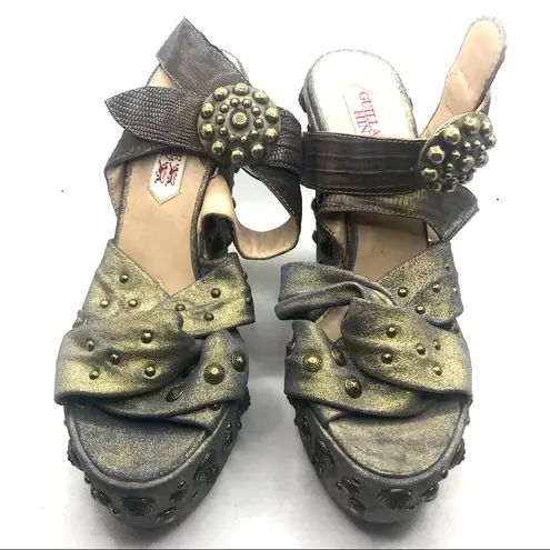 GUILLAUME HINFRAY GOLD AN BLUE LEATHER STUDDED DISTRESSED WEDGE HEELS (36) Size 5