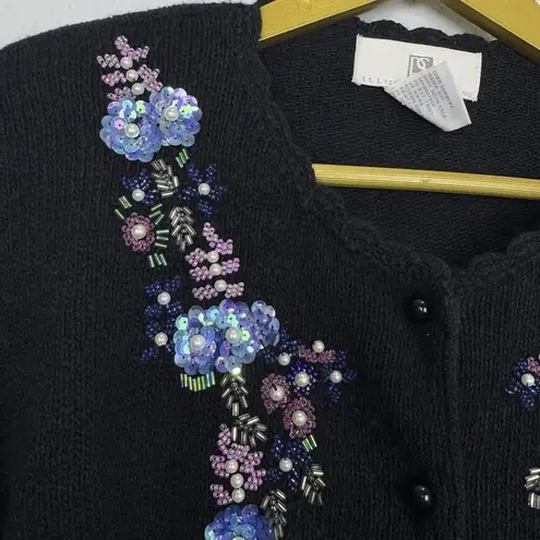 Vintage Silk Angora Rabbit Cardigan Sweater Small Black Floral Beaded Sequins
