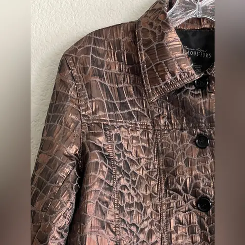 Donna Salyers Metallic Crocodile Faux Leather Jacket Large Lined Button Front Brown