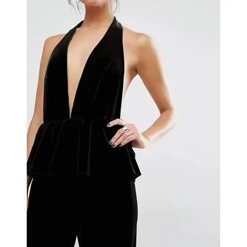 Bec & Bridge Midnight Velvet Jumpsuit Size 2 Black Halter Peplum Straight Leg