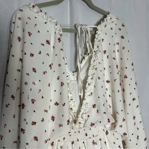 Blush Mark Cream Floral V Neck Smocked Waist Cut Out Low Back Long Sleeve Dress Pink Size L