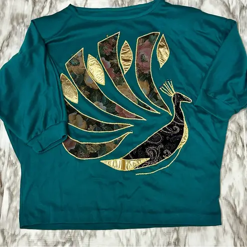 Teal and Gold Midi Floral Skirt And Top Peacock Embellishment Dolman Sleeve 80s Blue Size L