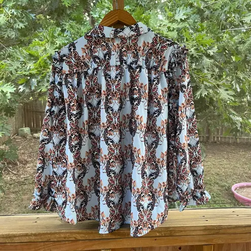 Gracia Women's Blue Butterfly Print Ruffled Long Sleeve Blouse Size L